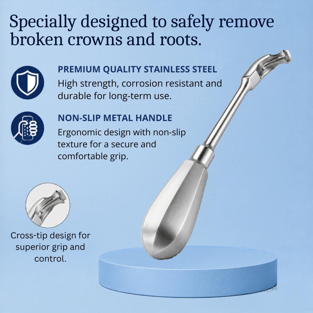 [locale:en] Dental crown and root extractor: stainless steel, non-slip handle and cross tip