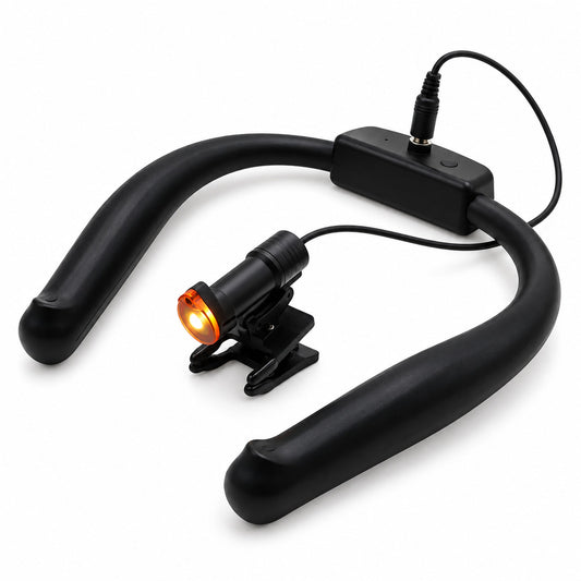 Neck-worn LED headlight with black collar, LED light head and clip